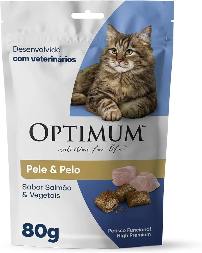 Embalagem do petisco Optimum Pele e Pelo para gatos adultos sabor salmão e vegetais 80 gramas