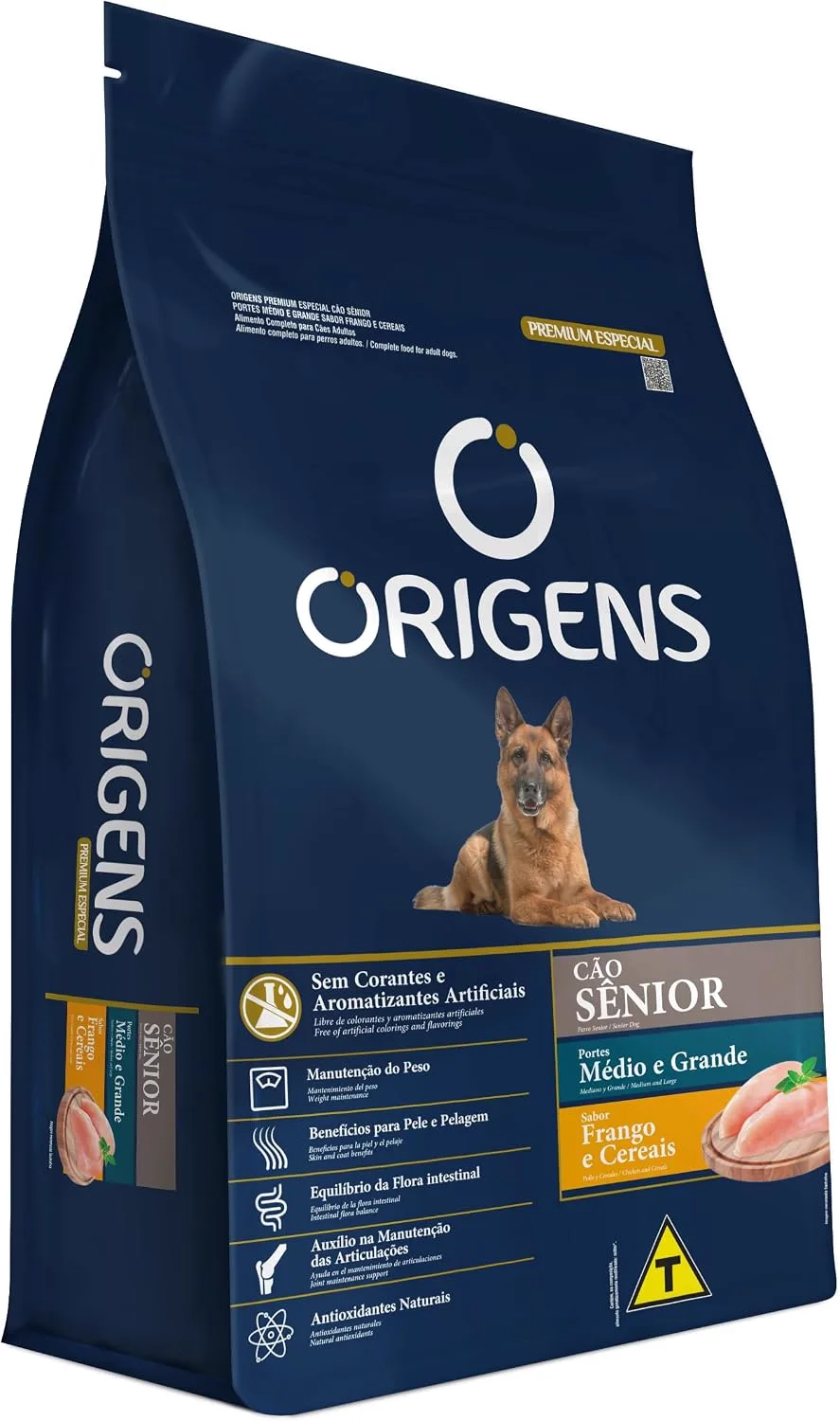 Embalagem da ração Origens Premium Especial Cão Sênior portes médio e grande sabor frango e cereais de 15 kg
