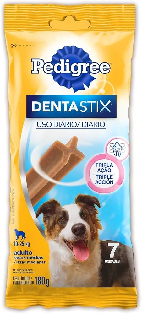 Embalagem amarela e azul do Pedigree Dentastix para cães adultos de raças médias com 7 unidades e 180 g