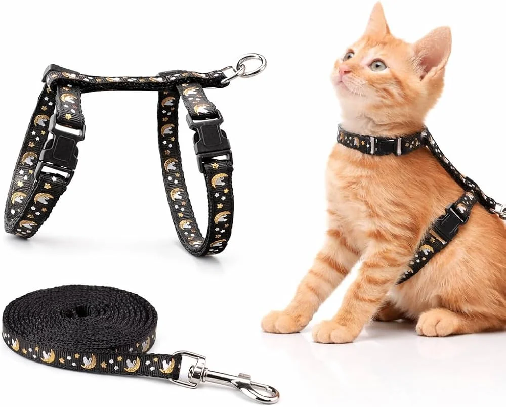 Peitoral preto com estampa de lua e estrelas e guia para gatos