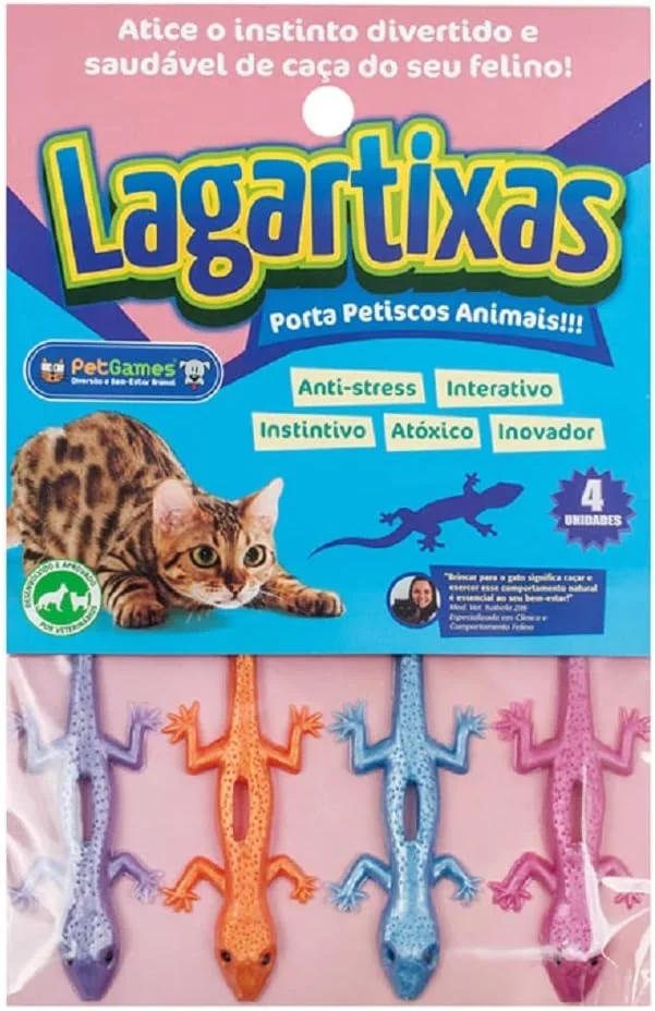 Cartela Pet Games Lagartixas com quatro lagartixas coloridas porta petiscos para gatos