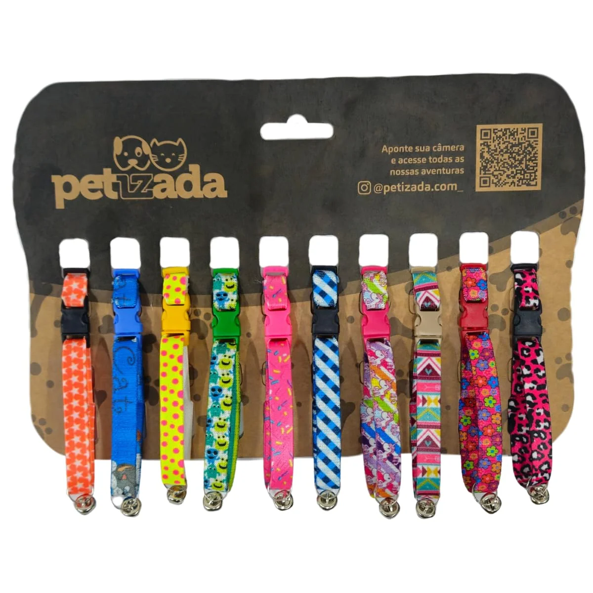 Kit Petizada com dez coleiras elásticas para gato com guizo em cores variadas