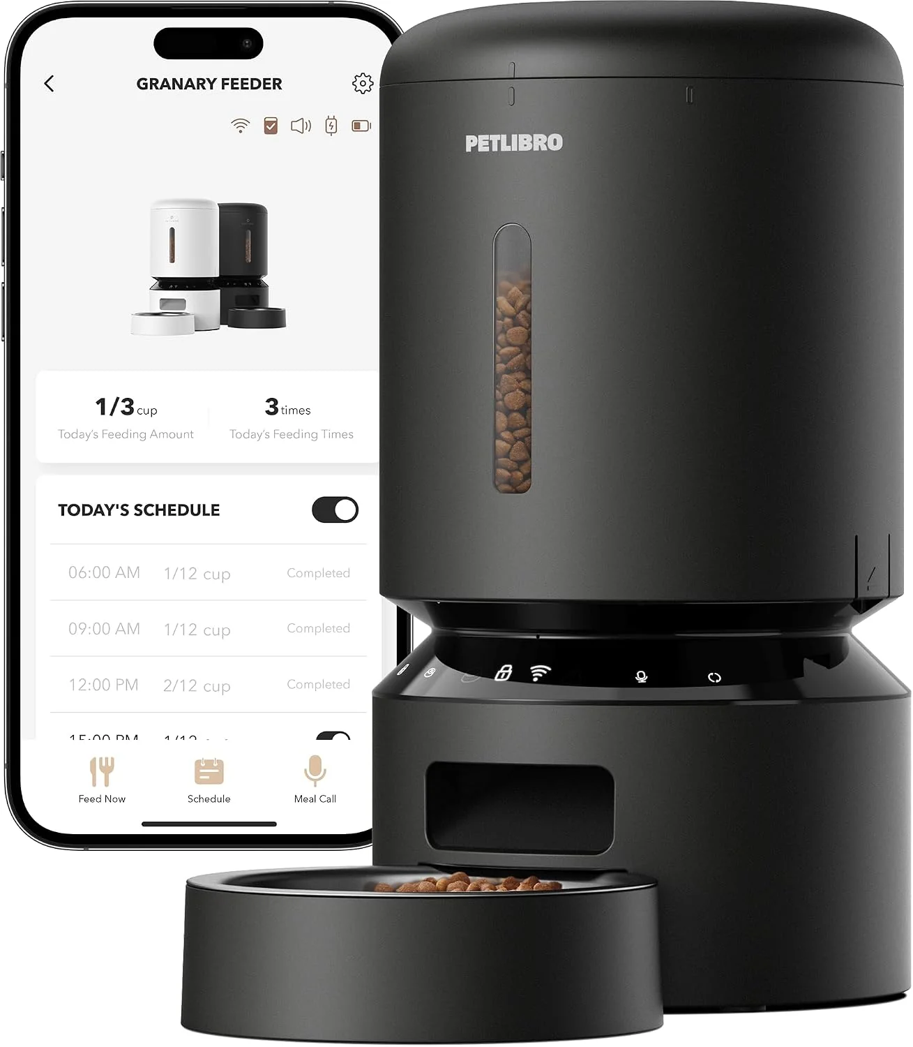 Alimentador automático PETLIBRO Granary Wi-Fi de 5 litros, preto, com tigela única e aplicativo no celular