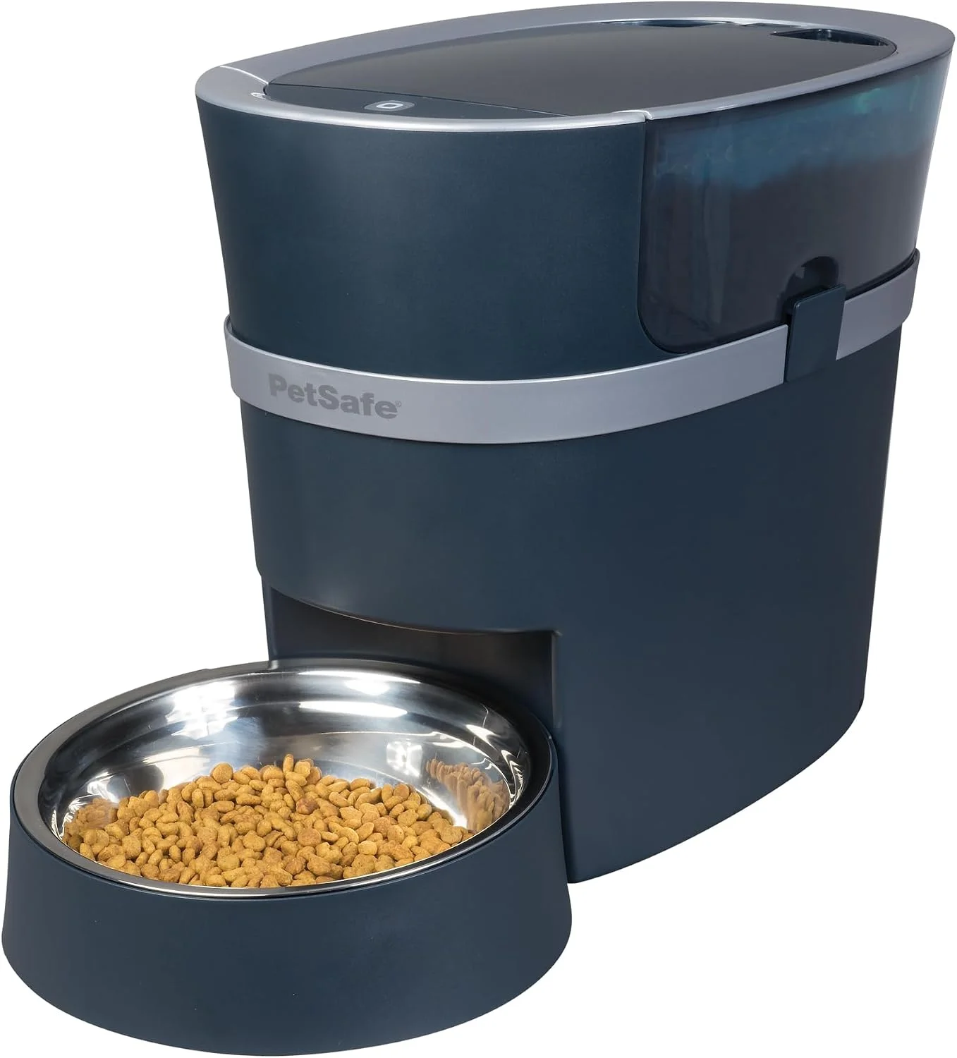 Alimentador automático PetSafe Smart Feed azul-escuro com tigela de inox cheia de ração