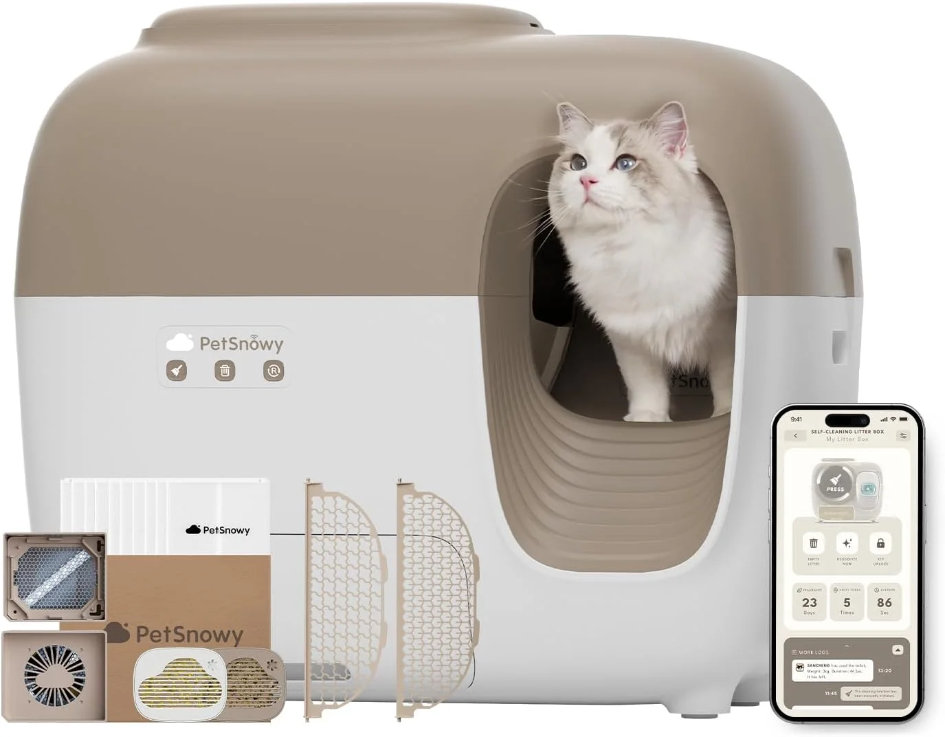 Caixa de areia autolimpante PetSnowy SNOW+ marrom e branca com gato na entrada, acessórios e app ao lado