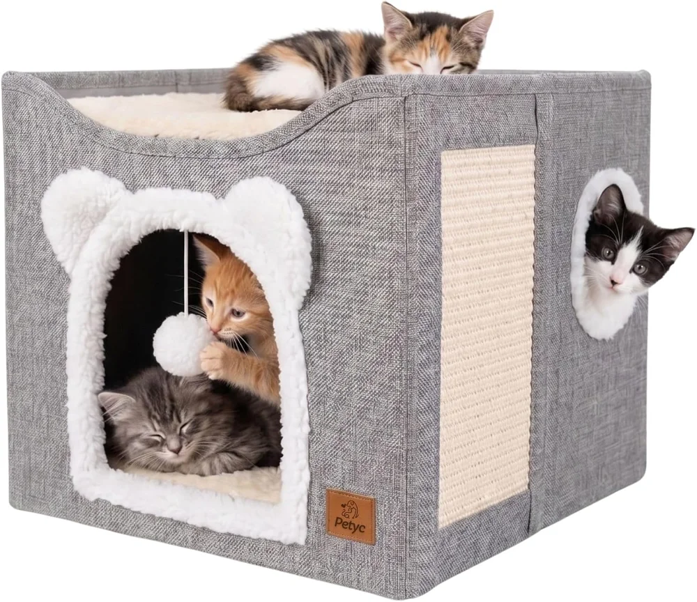 Casinha dobrável Petyc de dois andares para gatos, com arranhador lateral e brinquedo pendurado