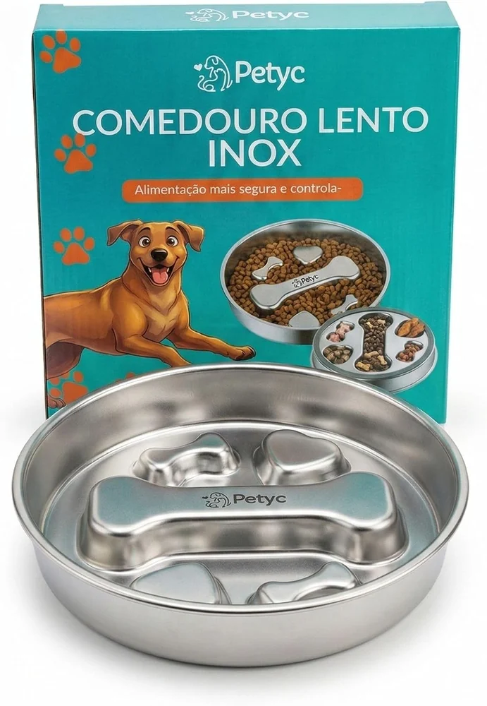 Comedouro lento Petyc em aço inox com desenho de labirinto para cães