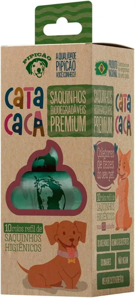 Embalagem do kit Pipicão com 10 rolos de refil e 150 saquinhos higiênicos cata caca verdes
