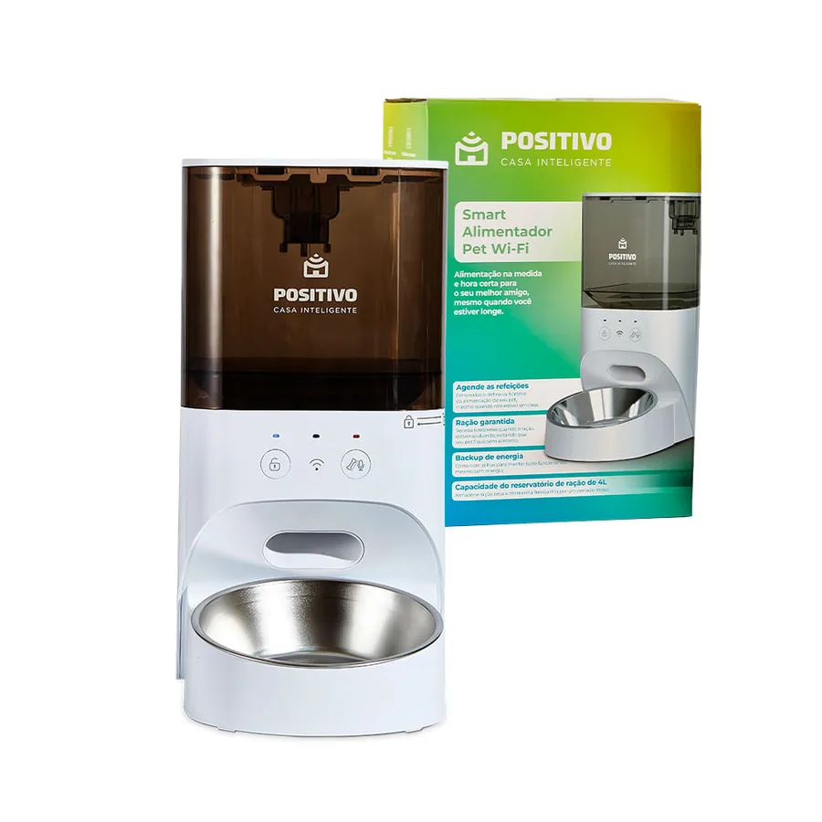 Positivo Smart Alimentador Pet Wi-Fi com reservatório de 4 litros, pote em aço e embalagem oficial