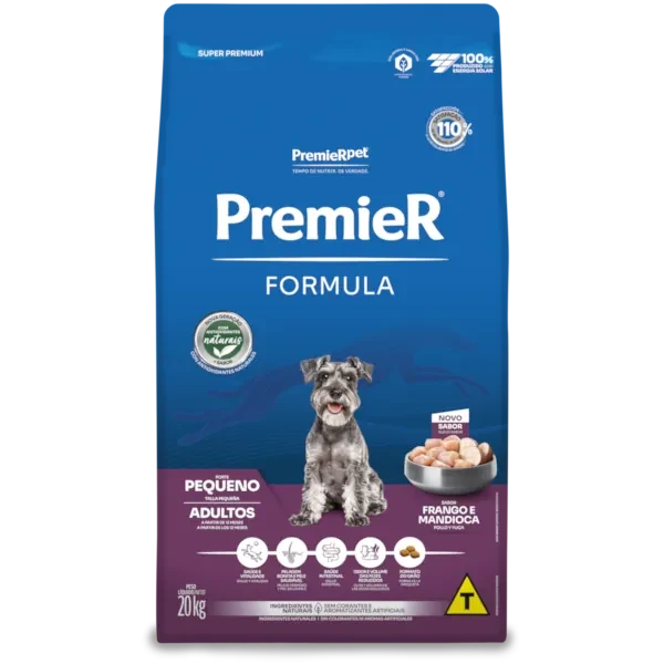 Embalagem oficial da ração PremieR Formula Cães Adultos Porte Pequeno Frango e Mandioca 20 kg