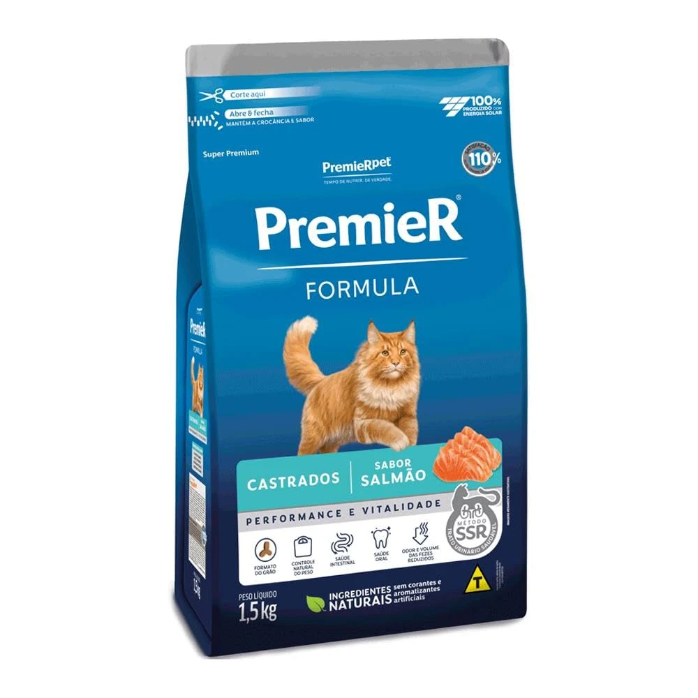 Embalagem azul da ração PremieR Formula Gatos Adultos Castrados sabor salmão de 1,5 kg