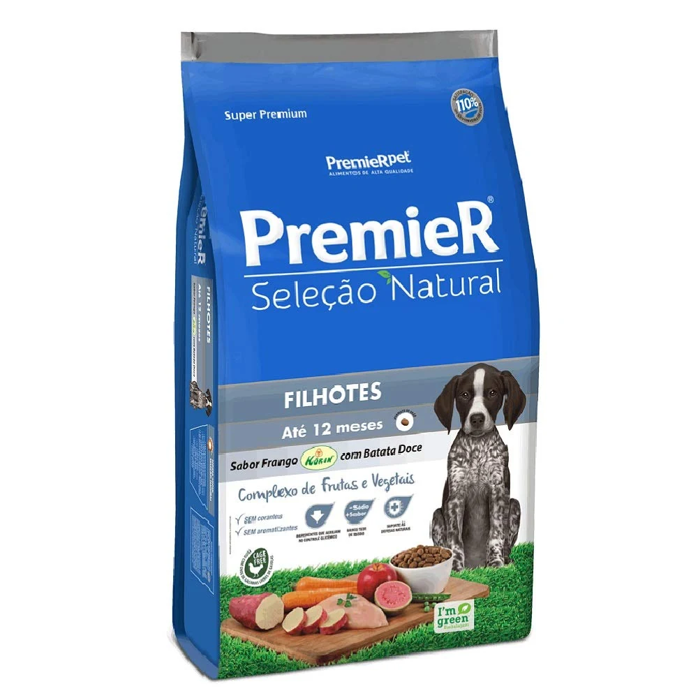 Embalagem azul da ração PremieR Seleção Natural para cães filhotes sabor frango com batata-doce de 2,5 kg