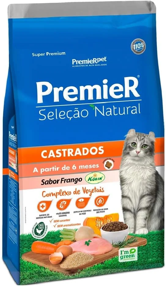 Embalagem da ração Premier Seleção Natural Gatos Castrados sabor frango Korin de 7,5 kg