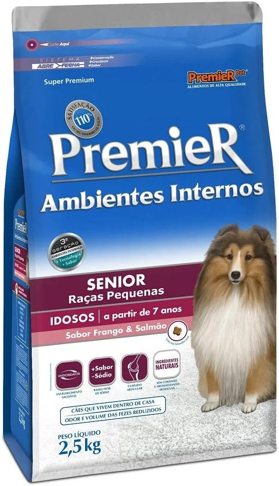 Embalagem da ração PremieR Ambientes Internos para cães sênior 7+ sabor frango e salmão de 2,5 kg