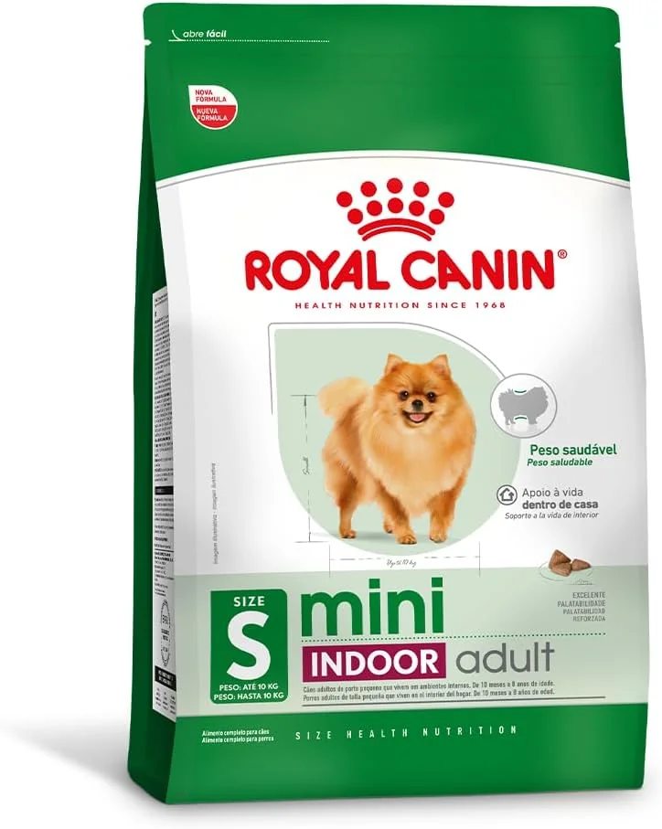 Pacote verde e branco da ração Royal Canin Mini Indoor Adult de 2,5 kg para cães adultos de porte pequeno