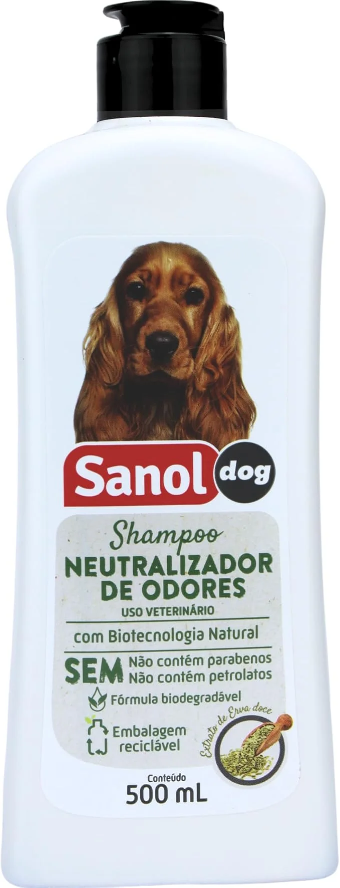 Frasco de 500 ml do shampoo Sanol Dog Neutralizador de Odores com rótulo azul e verde
