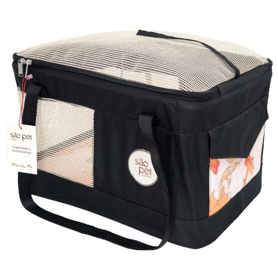 Bolsa de transporte São Pet Aerial preta com telas bege, alça de ombro e bolso lateral