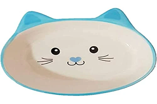 Comedouro raso de porcelana The Pets Face Cat azul com desenho de rosto de gato