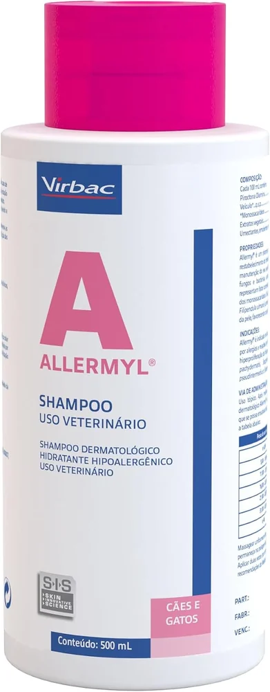 Frasco de 500 ml do shampoo Virbac Allermyl para limpeza regular de cães alérgicos
