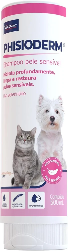 Frasco de 500 ml do shampoo Virbac Phisioderm para pele sensível de cães e gatos