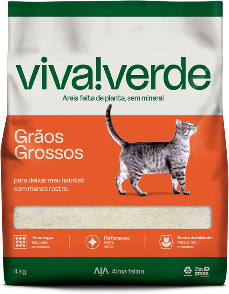 Embalagem laranja da areia Viva Verde Grãos Grossos 4 kg, feita de milho e mandioca