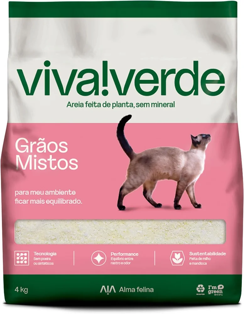 Embalagem rosa da areia Viva Verde Grãos Mistos 4 kg, feita de milho e mandioca