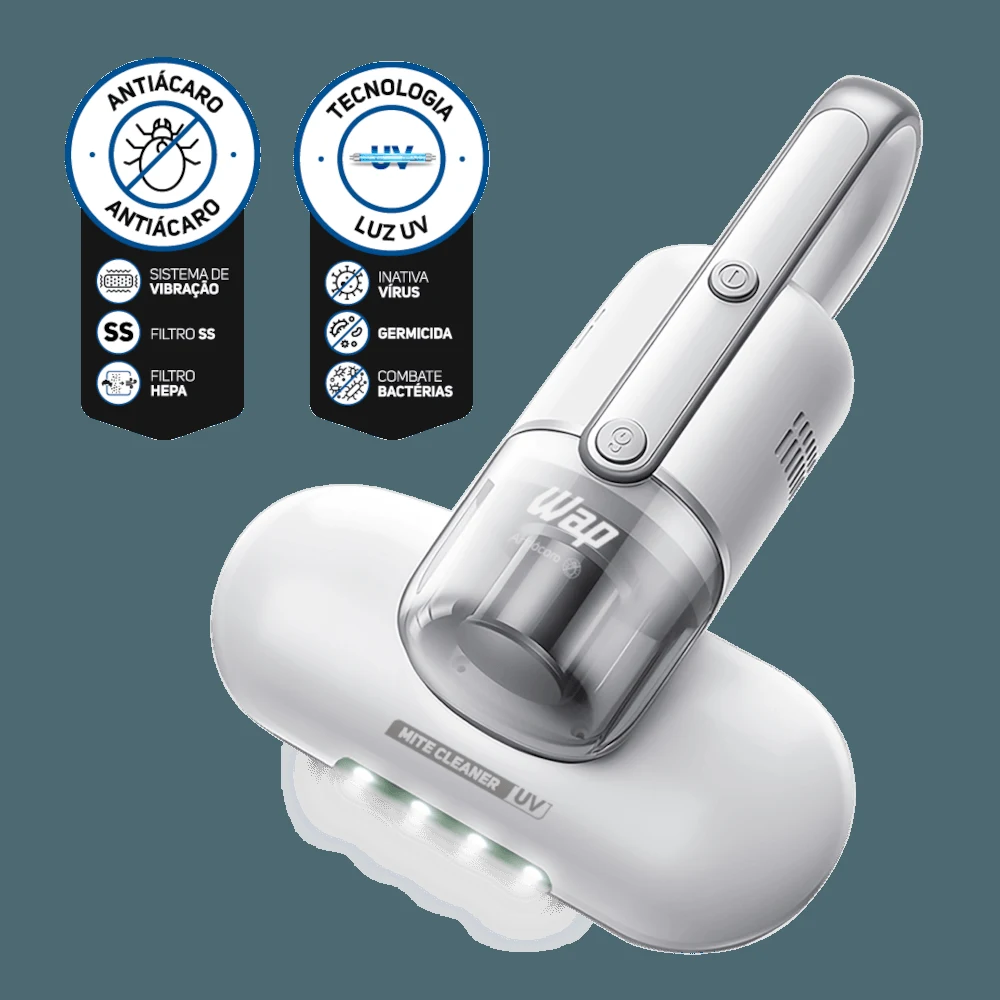 Foto oficial do aspirador antiácaro WAP Mite Cleaner UV, branco, com bocal e lâmpada UV