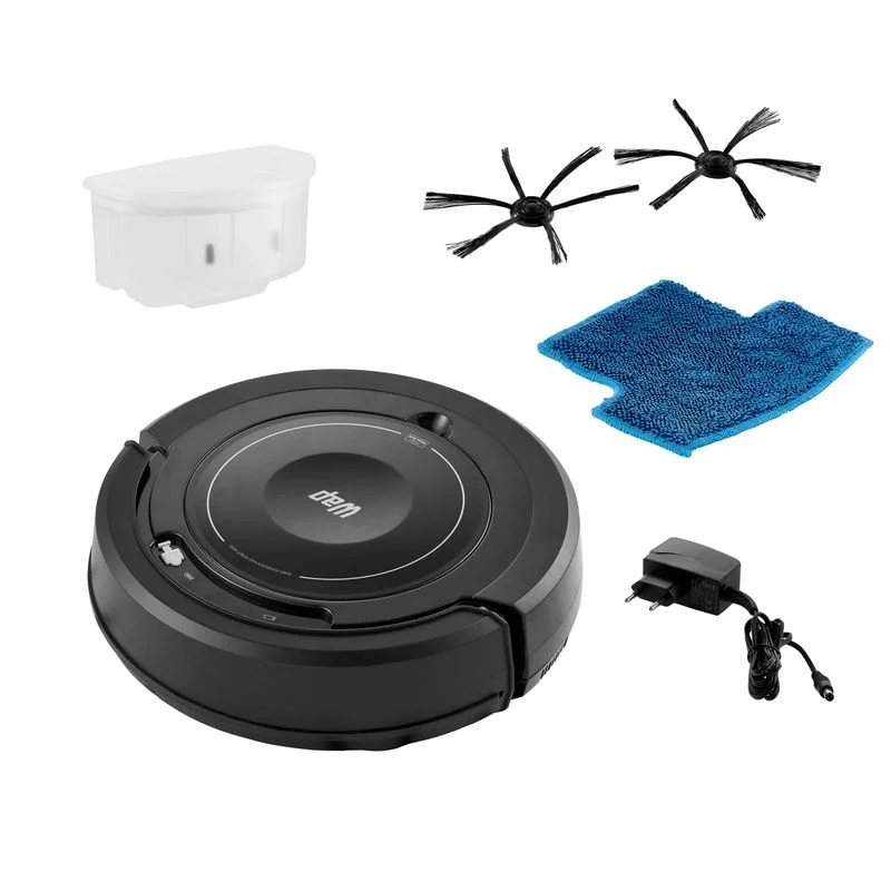 Foto oficial do robô aspirador WAP Robot W100 preto com escovas giratórias, mop e carregador