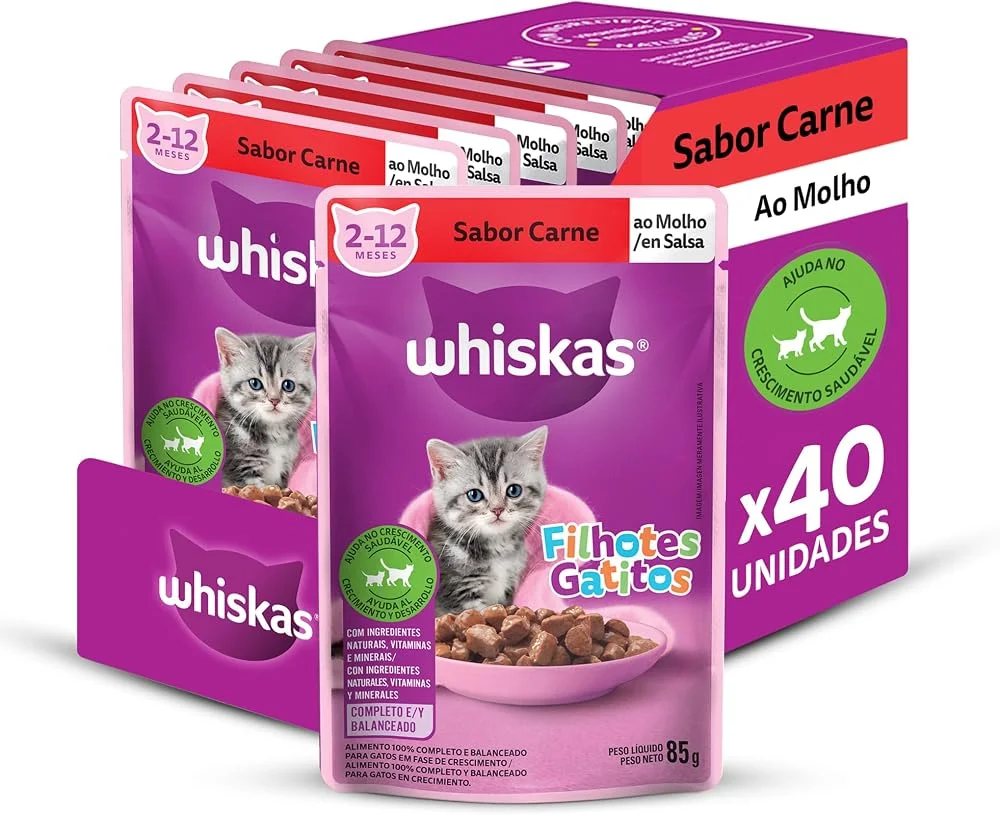 Caixa do pack Whiskas Filhotes sabor carne ao molho com 40 sachês de 85 g