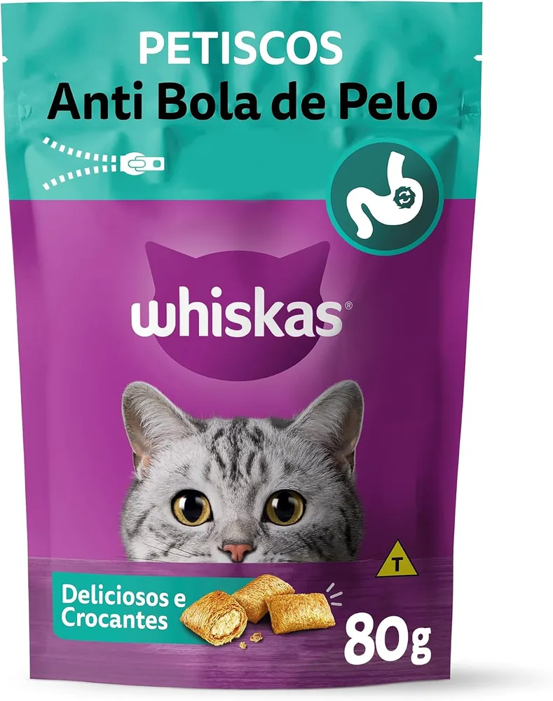 Pacote de 80 g do petisco Whiskas Temptations anti bola de pelo para gatos adultos