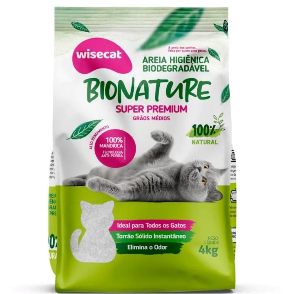 Embalagem da areia higiênica Wisecat Bionature de mandioca com 4 kg