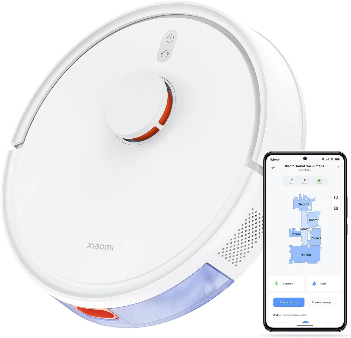 Robô aspirador Xiaomi Robot Vacuum S20 branco visto de cima, com torre de navegação a laser